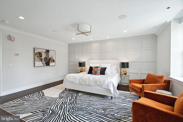 bedroom featuring ornamental molding and dark wood-type flooring