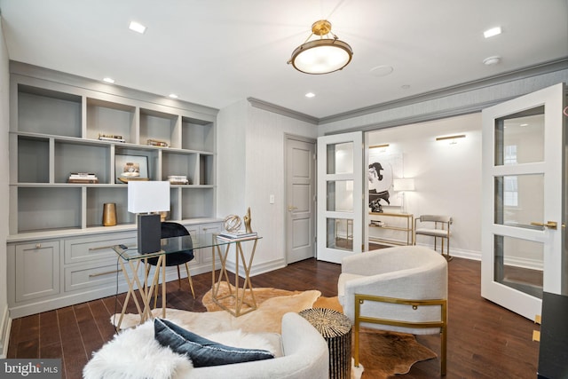 interior space with crown molding, dark hardwood / wood-style floors, and french doors