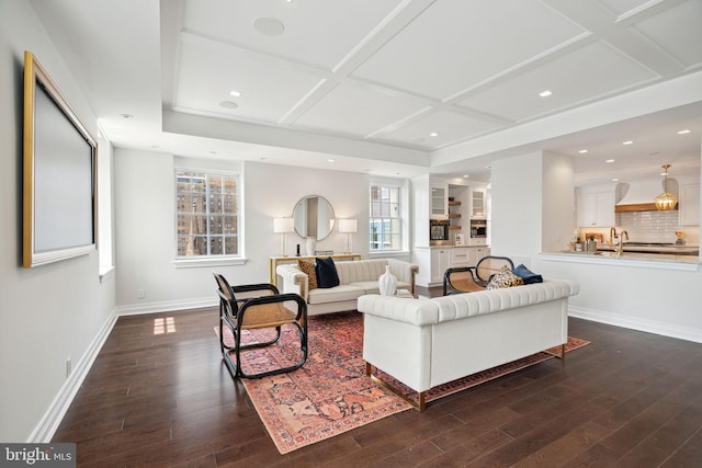 living room with sink, coffered ceiling, and dark hardwood / wood-style flooring