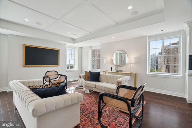 living room featuring coffered ceiling and dark hardwood / wood-style flooring