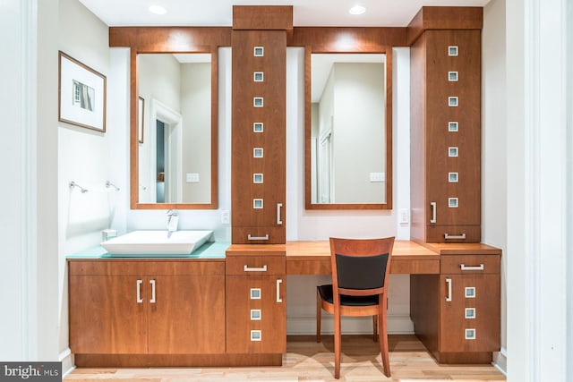 bathroom with vanity and wood-type flooring