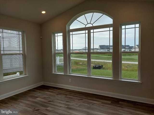 empty room featuring lofted ceiling, dark hardwood / wood-style flooring, and a wealth of natural light