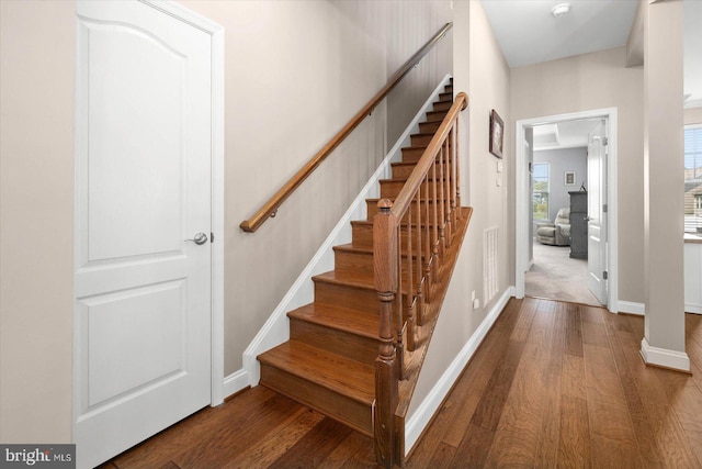 stairs with dark hardwood / wood-style flooring