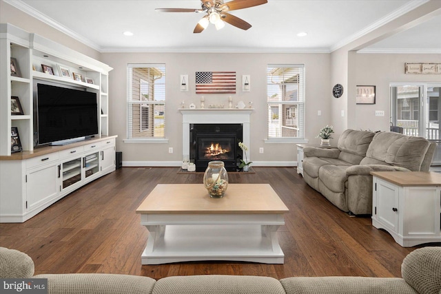 living room with ceiling fan, ornamental molding, dark wood-type flooring, and a wealth of natural light