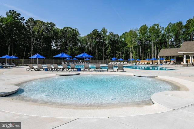 view of swimming pool featuring a patio area