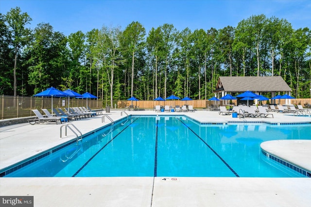 view of swimming pool featuring a patio area