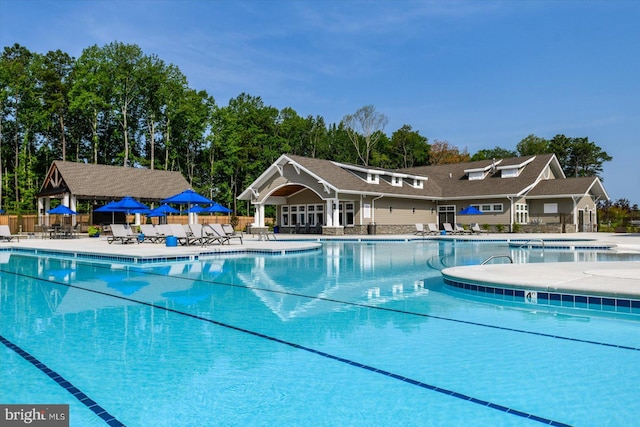 view of swimming pool with a patio