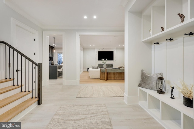 mudroom with light hardwood / wood-style flooring and ornamental molding