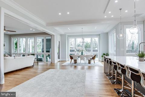 dining space with beamed ceiling, light hardwood / wood-style floors, ceiling fan, and ornamental molding