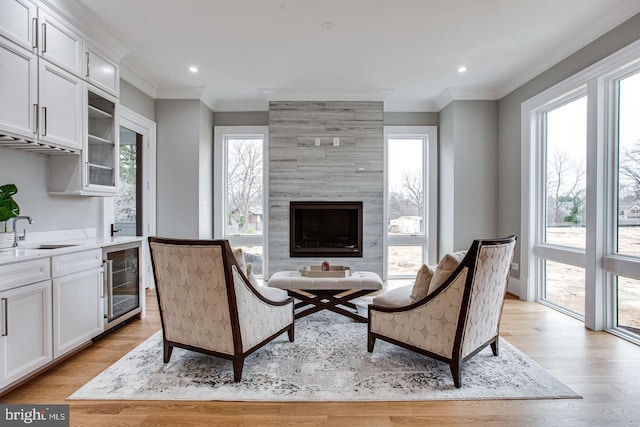 living room with a wealth of natural light, crown molding, sink, and beverage cooler