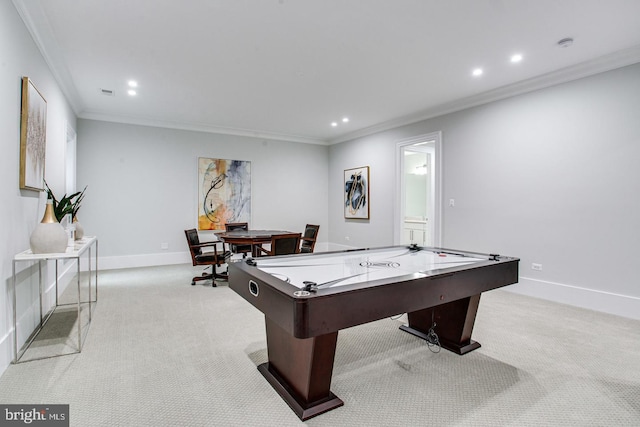 game room with light colored carpet and crown molding