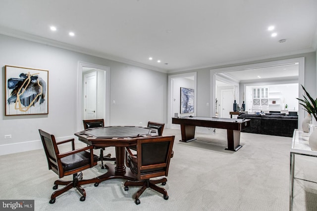 recreation room featuring light colored carpet, crown molding, and billiards