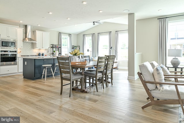 dining room with lofted ceiling and light hardwood / wood-style flooring