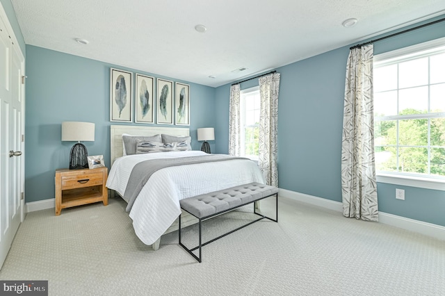 carpeted bedroom featuring multiple windows