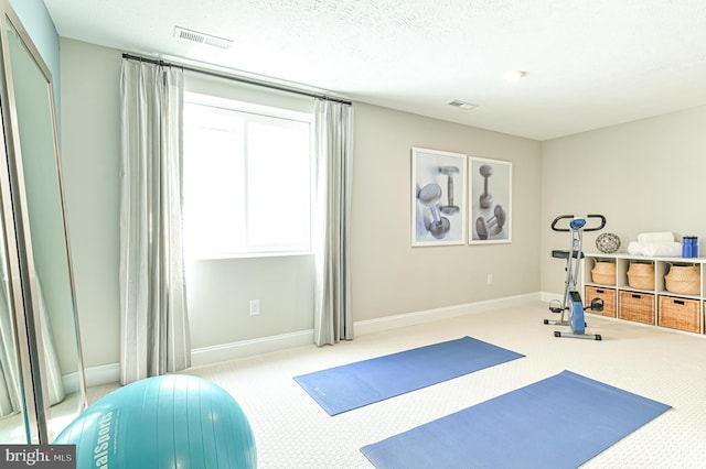 exercise room with light carpet and a textured ceiling