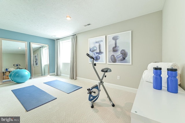 exercise room featuring light carpet and a textured ceiling