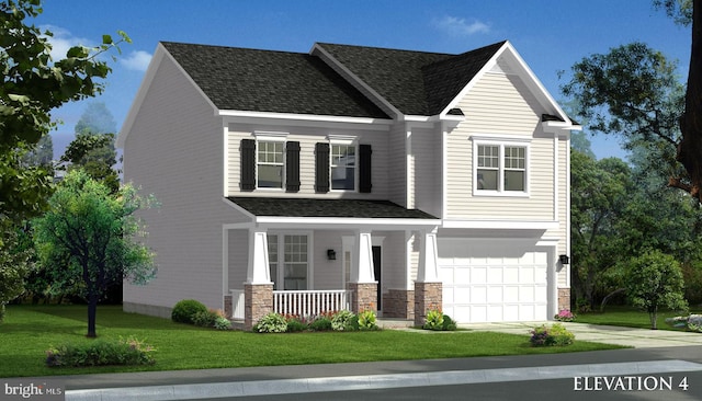 view of front of home with a front yard, a porch, and a garage