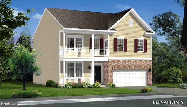 view of front of house with a balcony, a front yard, and a garage