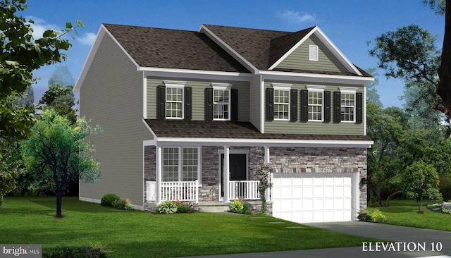 view of front facade with a porch, a front yard, and a garage