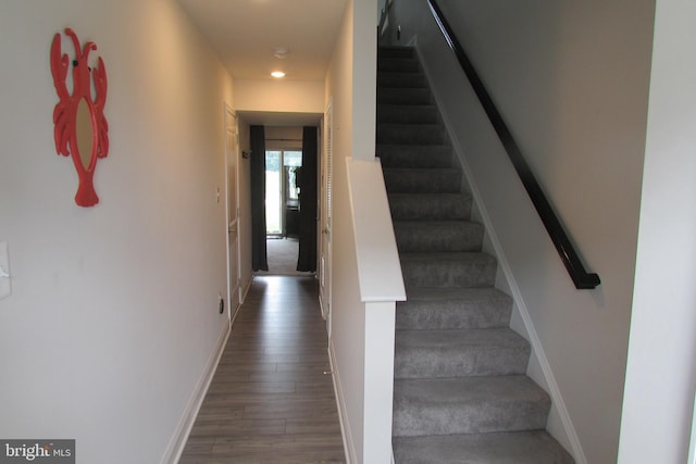 staircase featuring dark hardwood / wood-style floors