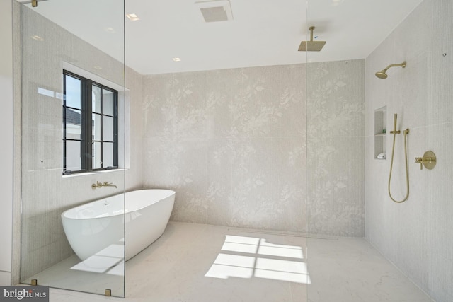 bathroom with plus walk in shower and french doors