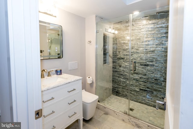 bathroom featuring tile floors, toilet, vanity, and an enclosed shower