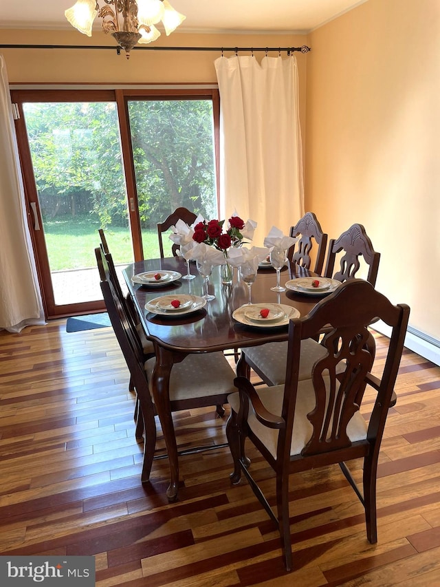 dining room featuring dark hardwood / wood-style flooring, a wealth of natural light, and a chandelier