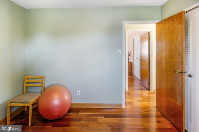 workout area featuring hardwood / wood-style flooring