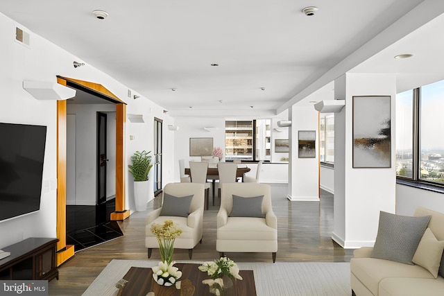 living room with dark wood-type flooring