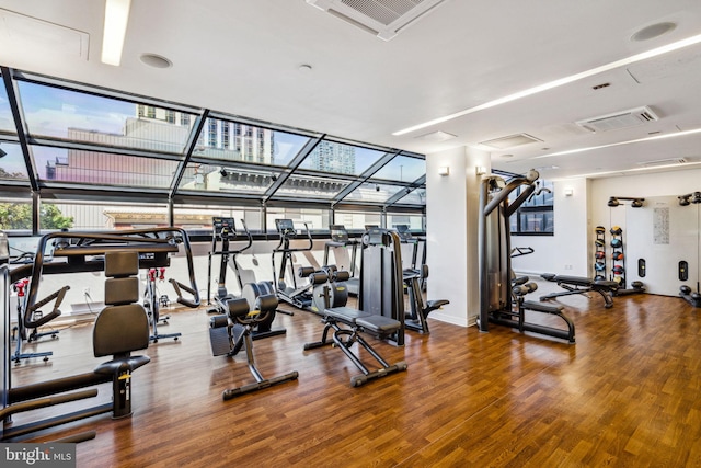 gym with dark hardwood / wood-style flooring and expansive windows