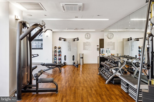 gym featuring hardwood / wood-style flooring