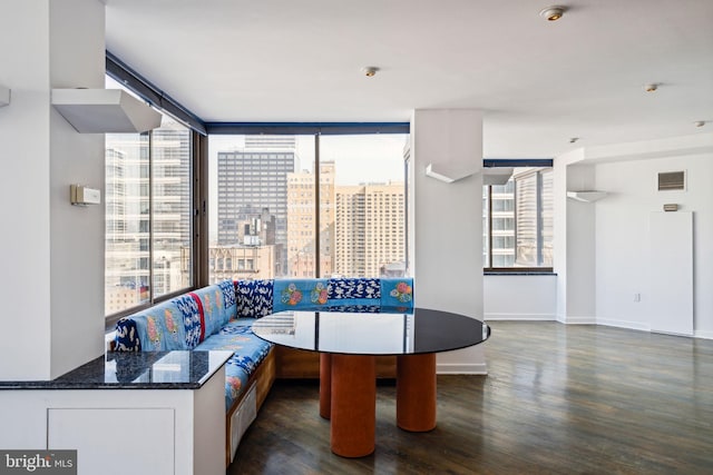 living room with dark hardwood / wood-style flooring and expansive windows