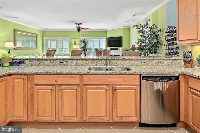 kitchen with stainless steel dishwasher, light stone countertops, ceiling fan, sink, and light tile flooring