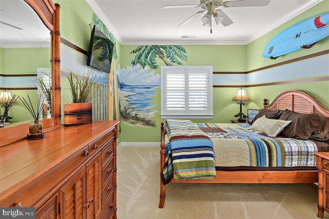 carpeted bedroom with ceiling fan and crown molding