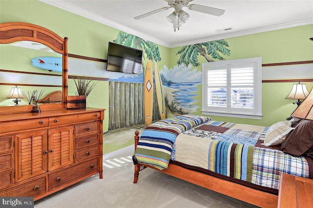 bedroom featuring ceiling fan, crown molding, and light colored carpet