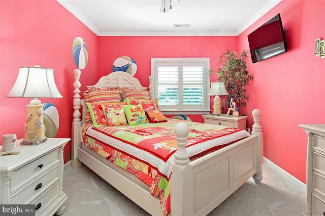 bedroom with light carpet and ornamental molding