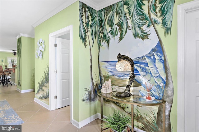 hallway with ornamental molding and light tile flooring