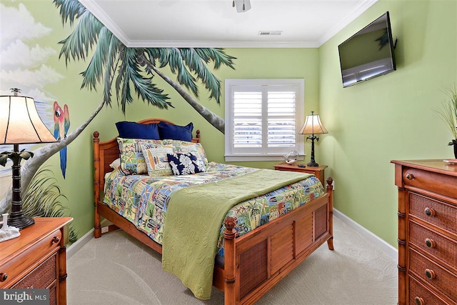 bedroom with crown molding, ceiling fan, and light colored carpet