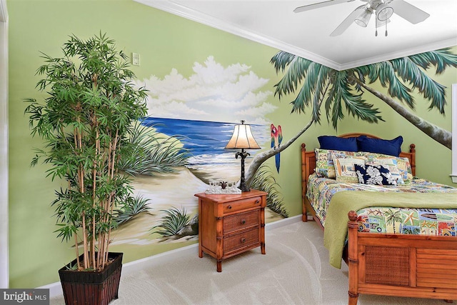 bedroom featuring crown molding, ceiling fan, and light carpet