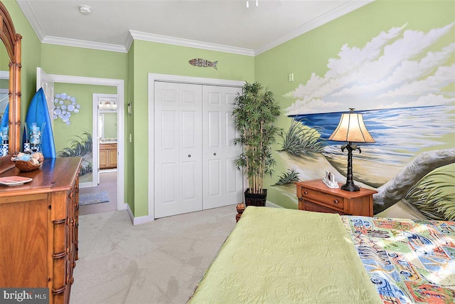 carpeted bedroom with a closet and ornamental molding