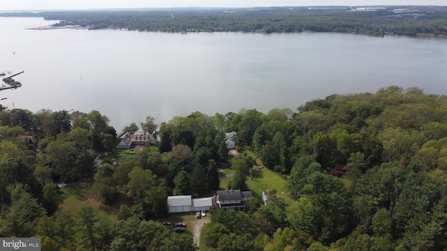 birds eye view of property featuring a water view