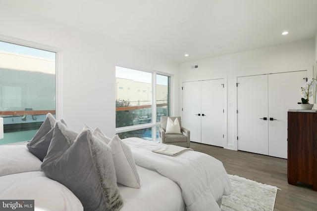 bedroom with dark hardwood / wood-style flooring and two closets