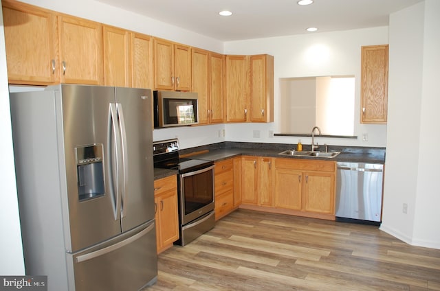 kitchen with light hardwood / wood-style flooring, sink, and stainless steel appliances