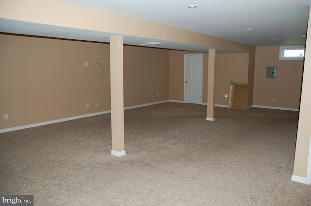 basement featuring light carpet