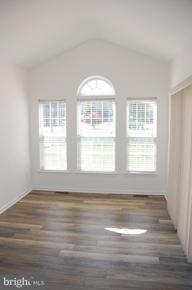 spare room featuring dark wood-type flooring and vaulted ceiling