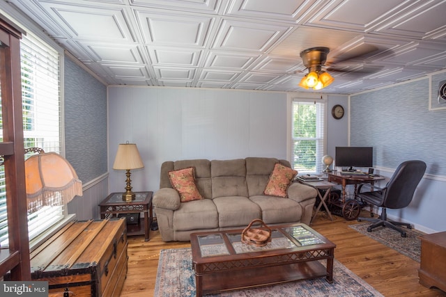 living room with ceiling fan and light hardwood / wood-style flooring