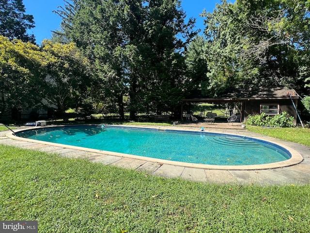 view of pool featuring a lawn