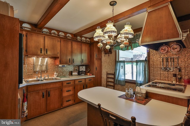 kitchen with sink, backsplash, premium range hood, dark carpet, and beam ceiling