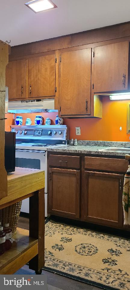 kitchen featuring ventilation hood and white electric stove