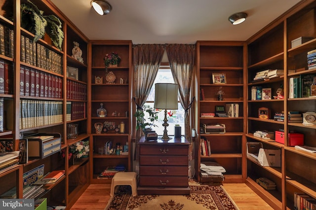 living area with hardwood / wood-style floors